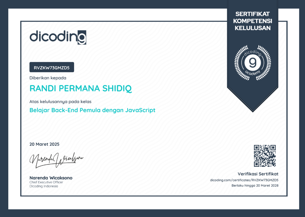 Sertifikat Dasar Pemrograman Backend dengan JavaScript