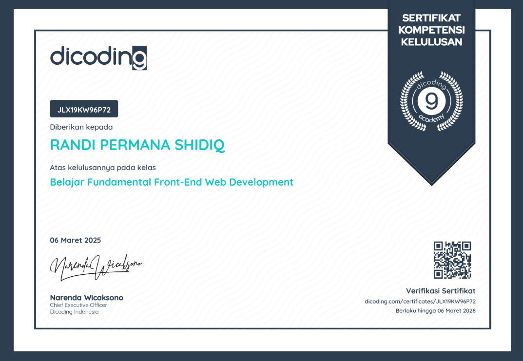 Sertifikat Fundamental Pemrograman Web Front-End