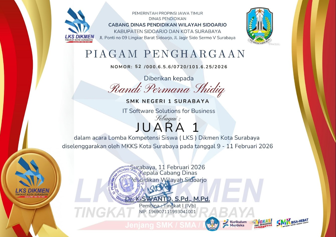 Sertifikat 1st Place IT Software Solutions - LKS Surabaya