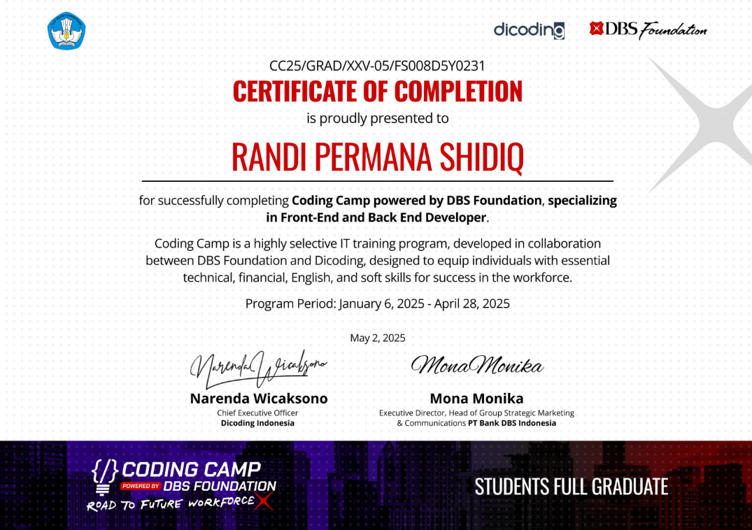 Sertifikat Coding Camp DBS X Dicoding