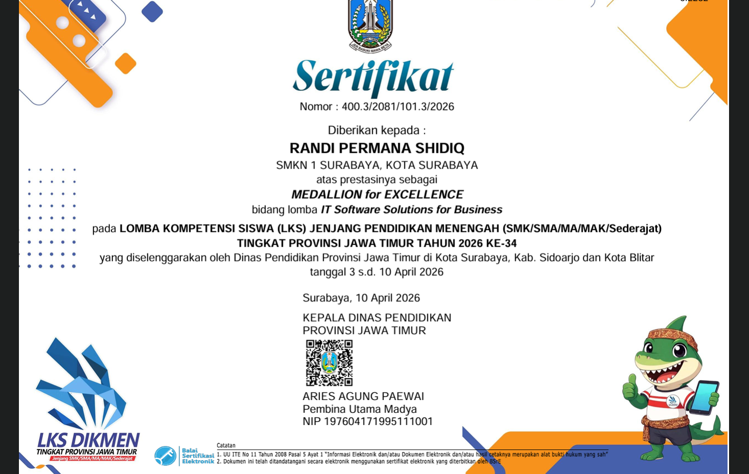 Sertifikat Medallion for Excellence - LKS Jawa Timur